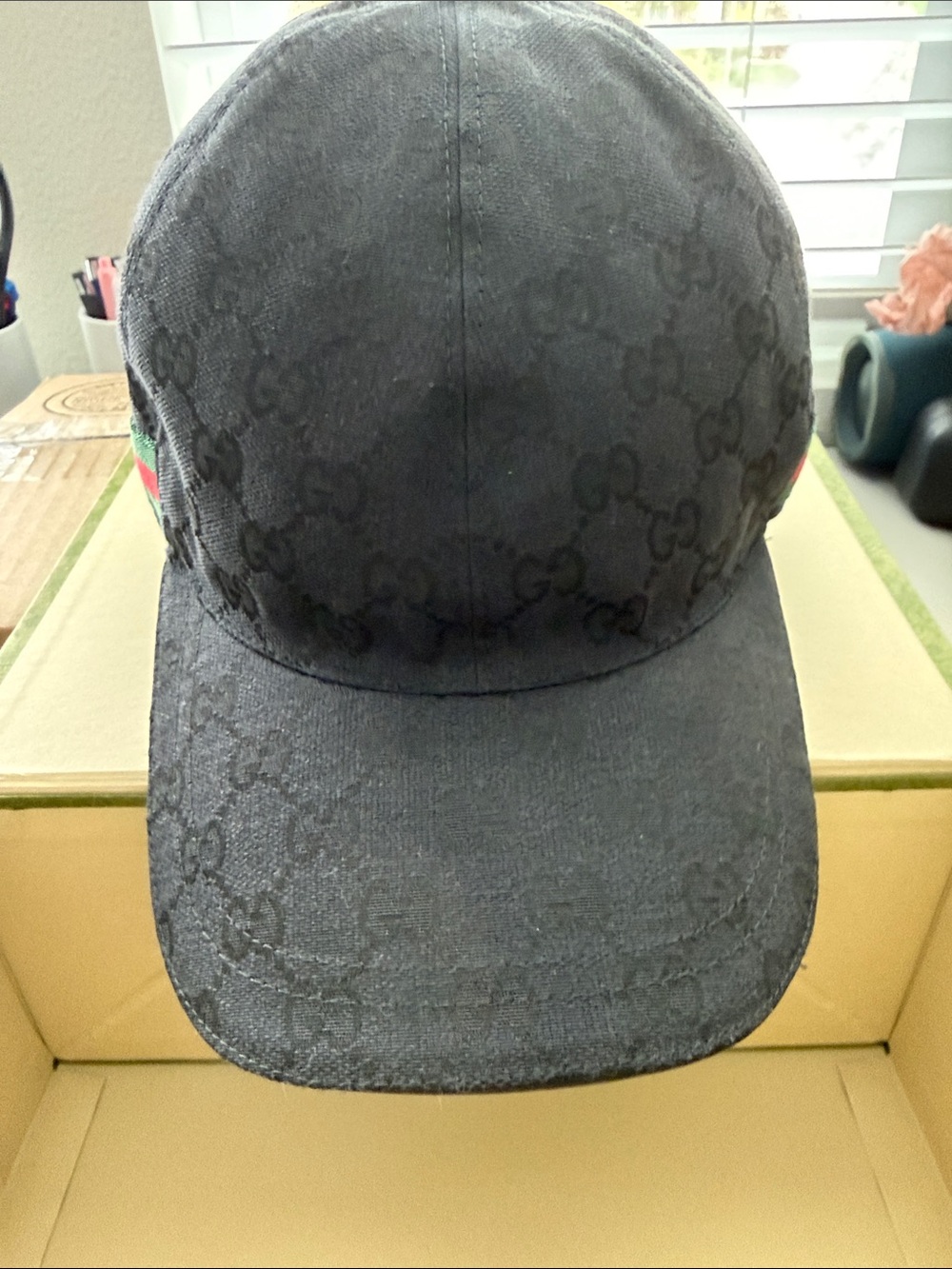 Gucci Black Monogram Baseball Cap with Web Stripe women or men